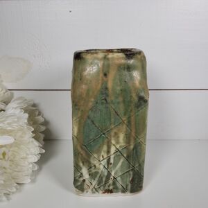Vintage Studio Pottery Tall Rectangular Vase 8" | Earthy Drip Glaze Vessel
